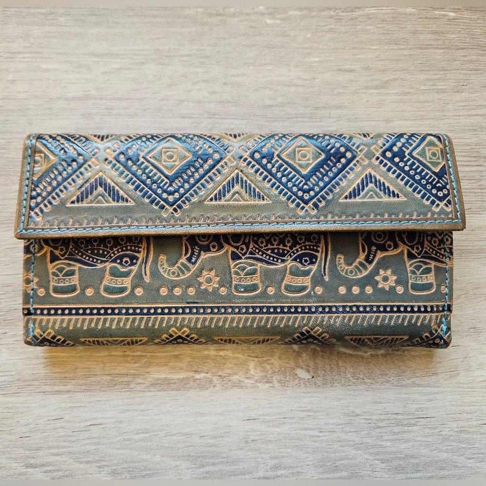 Green and Blue Geometric Pattern Wallet with Textured Surface
